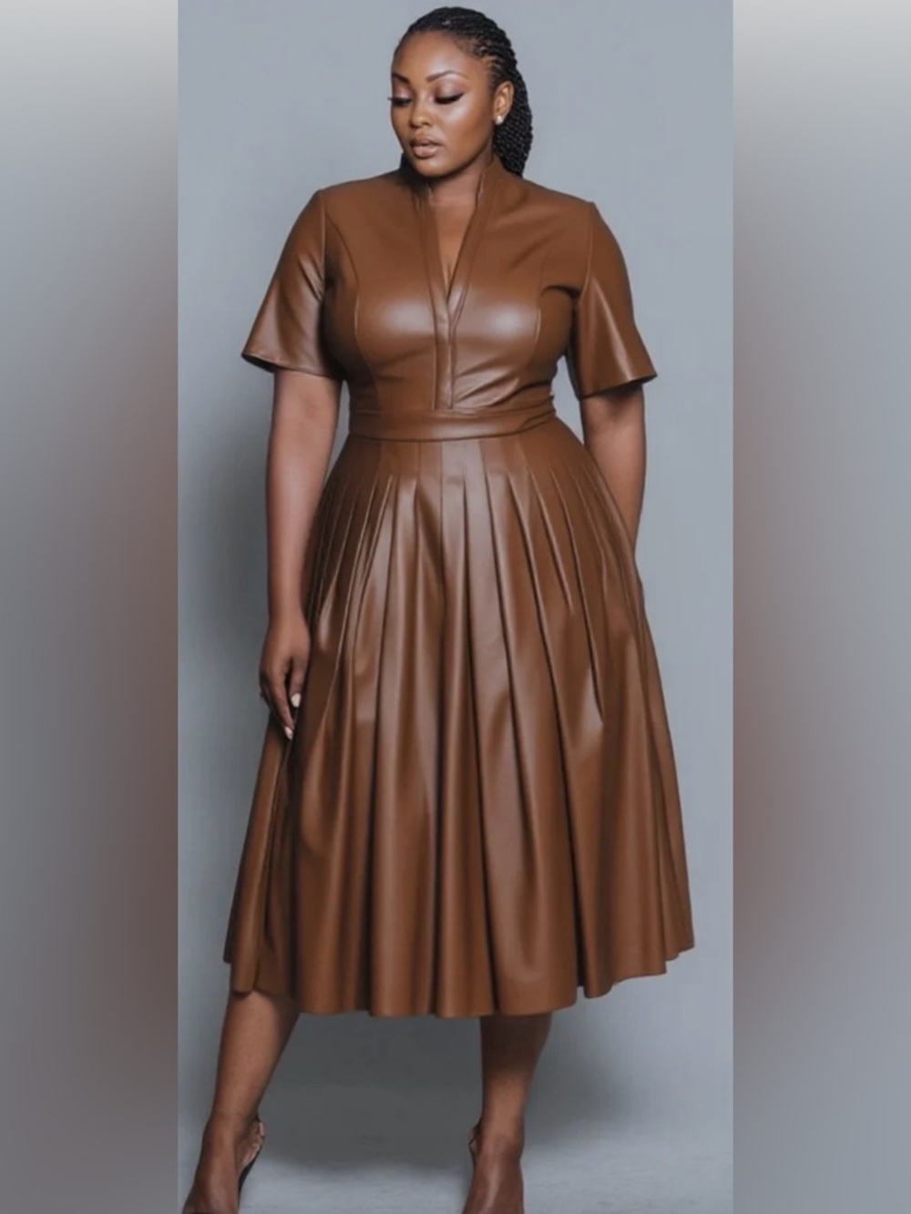 NWT Xpluswear Plus Size 2XL Brown PU Leather Midi Dress Pleated V-Neck Elegant